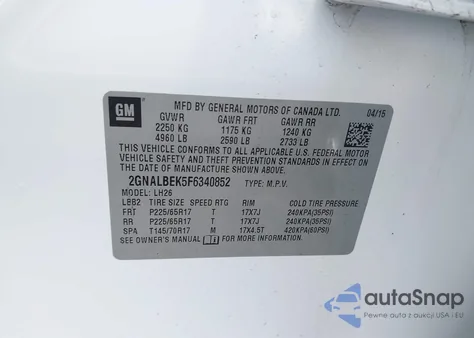 2015 Chevrolet Equinox 1Lt z USA, uszkodzony, nr VIN 2GNALBEK5F6340852